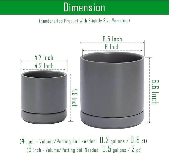 D'vine Dev 4.7 Inch & 6.5 Inch Ceramic Planter Pots for Plants with Drainage Hole and Saucer, Small Plant Pots Set, Speckled Grey, 94-G-S-3 - Bloomnest