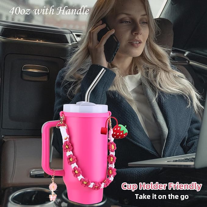 40 oz Tumbler Insulated Mug w/Straw & Flip Cap Lids - Cup Holder Bottle with 6 Accessories Set for Hot, Cold Drink - Leak-Proof - Water, Coffee Portable Travel Mug (Barbie) - Bloomnest