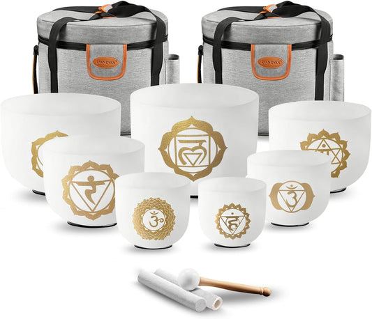 RYAN DVAN 432 hz 7-12 Inch Set of 7 Gold Chakra Design Quartz Crystal Singing Bowl Chakra Set with Free 2 pcs Carrying Case
