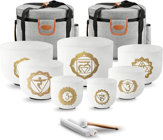 Ryan Dvan 432Hz 7-12 Inch 7 Gold Chakra Design Crystal Singing Bowl Set Frosted Quartz Crystal Sound Therapy Kit with Mallets 2 Cases O-Ring for Yoga Meditation Energy Balancing Reiki Healing - Bloomnest