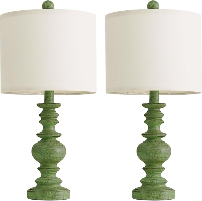 BOBOMOMO 20" Sage Green Table Lamps Set of 2 – Farmhouse Resin Bedside Lamps with Linen Shades, Handcrafted Traditional Rustic Lamp for Bedroom, Living Room, or Corner – Ideal for Small Spaces - Bloomnest