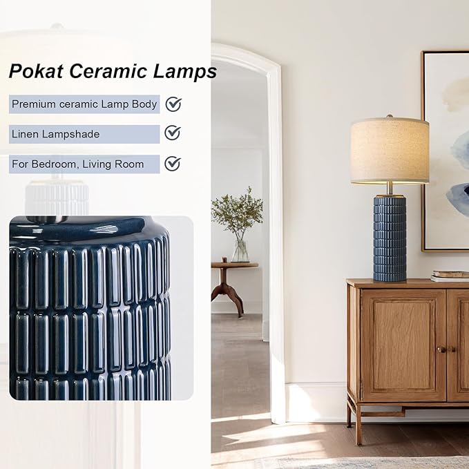PoKat 27.5'' Tall Table Lamps for Living Room Set of 2, Ceramic Bedroom Lamps for Night Stands, Modern Bedside Lamps for Bedroom Living Room, Nightstand Lamps for Side End Table Hallway, Blue - Bloomnest