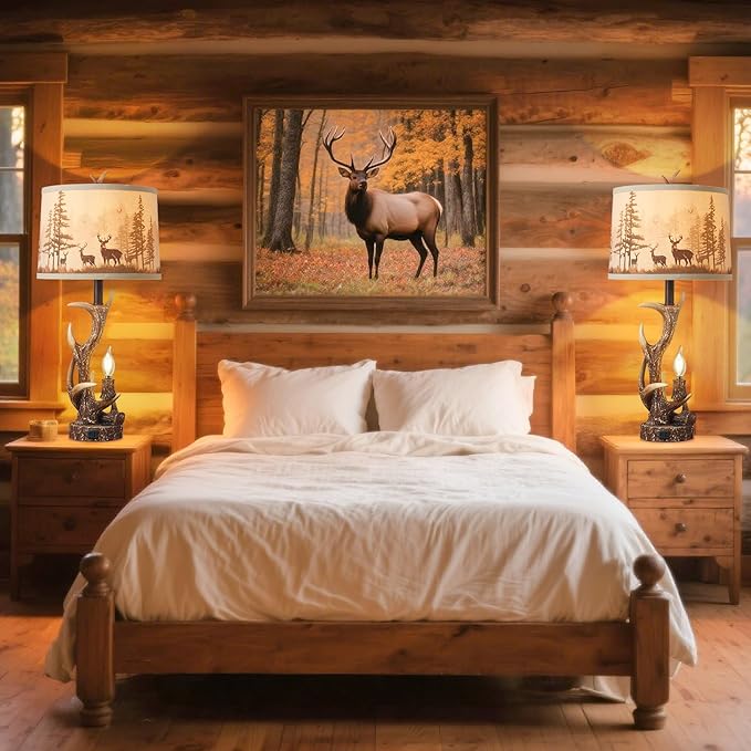 2PACK Rustic Antler Table Lamps Included 4 Bulbs for Bedroom, 28'' Farmhouse Antler Table Lamp with Deer Forest Lampshade USB + Type C Ports Decor for Living Room End Table Cabin Office House - Bloomnest