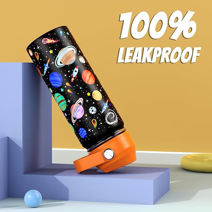 18oz Kids Insulated Water Bottle with Straw Lid - 18/8 Stainless Steel Kid Cup BPA-FREE Travel Tumbler Double Wall Vacuum Leak Proof Portable Toddler Water Bottle (Space) - Bloomnest