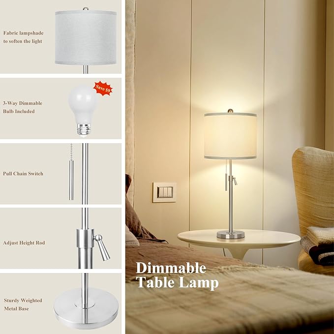 Brushed Nickel Table Lamps Set of 2: 22" to 30" Height Adjustable Nightstand Lamps with Grey Linen Shade Pull Chain Switch Silver Pole Beside Lamp for Living Room Bedroom (Brushed Nickel,Grey Shade) - Bloomnest