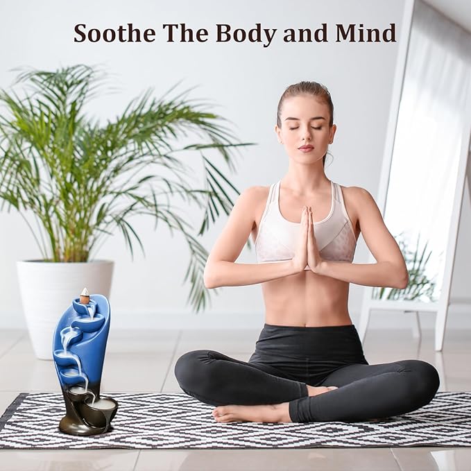 YYW Backflow Incense Burner Holder Handmade Statue Decor Fountain Waterfall Incense Holder with 20 Backflow Incense Cones 30 Incense Sticks 1 Tweezer 1 Mat for Indoor Meditation Yoga (Navy Blue) - Bloomnest