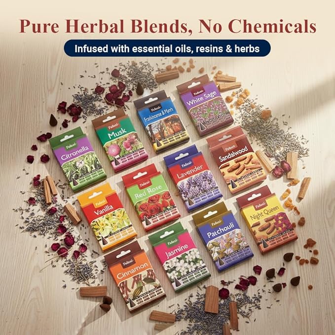 Tulasi Classic Incense Cones with Natural Oils Scents, Set of 12 Fragrances (180 Cones) Calming Home Aromatherapy, Meditation, Relaxing, Mixed Scents with Natural Oils Tulasi