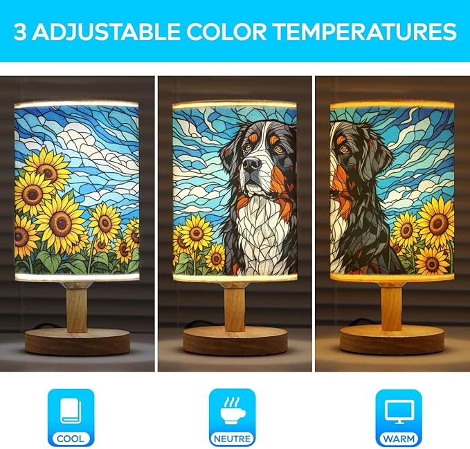 Bernese Mountain Table Lamp LED 3-Color Pressed Bedside, Dog Shade Lamp with Wood Base for Bedroom Living Room Desk Office - Bloomnest