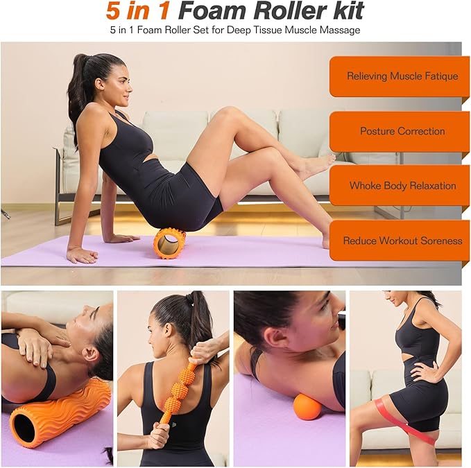5 in 1 Foam Roller Set - Trigger Point Foam Back Roller, Muscle Roller Stick, Massage Ball, Stretching Band for Deep Muscle Massage Pilates Yoga,Fitness Exercise for Whole Body Release (Orange) - Bloomnest