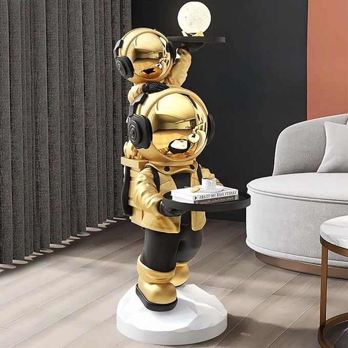 Modern Gold Astronaut Floor Sculpture, Spaceman Figurine Statue with Tray Top for Home Decoration - Bloomnest