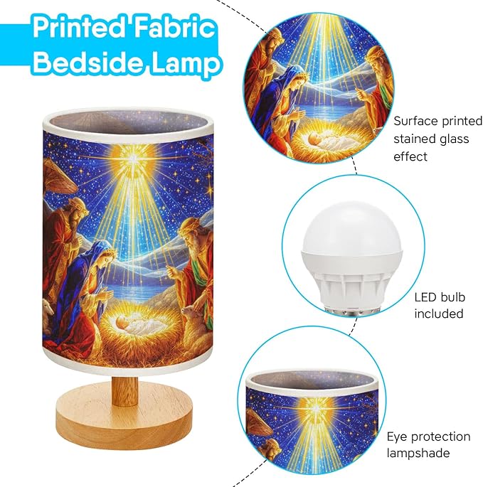 Nativity Scene Table Lamp LED 3-Color Pressed Bedside for Merry Christmas, Nativity Scene Shade Christmas Table Lamp with Wood Base for Bedroom Living Room Desk Office - Bloomnest