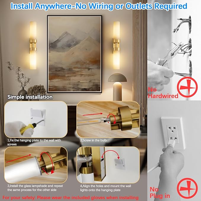 Rechargeable Wall Sconces Set of Two with Remote, Gold Battery Operated Wall Sconce with Milky Glass, Sconces Wall Decor Set of 2 Wall Light Fixtures for Bedroom Bathroom Mirror Living Room - Bloomnest