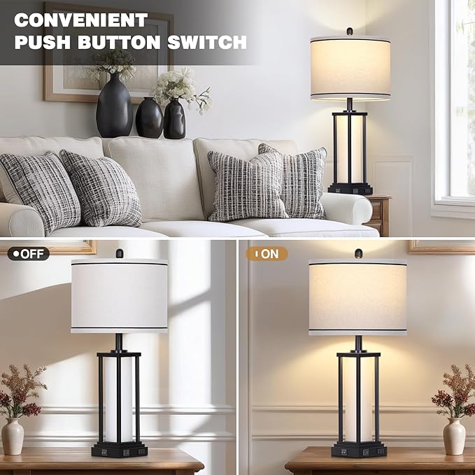 27in Tall Farmhouse Table Lamp Set of 2 with USB C+A & Outlet,Black Industrial End Table Lamp for Living Room,Vintage Rustic Bedside Lamps with Night Light for Bedroom Nightstand,Black - Bloomnest