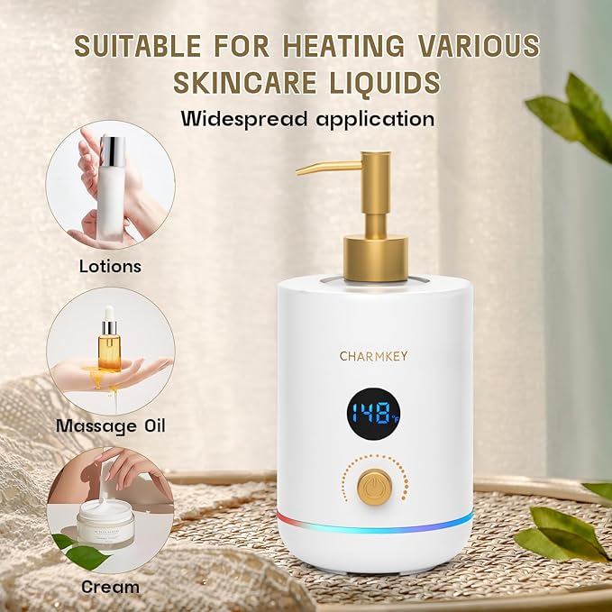 CHARMKEY Massage Oil Warmer White, 2 Oil Bottle Dispensers & 2 Silicone Funnels, Digital Heater for SPA, Oil Lotion Cream for Salon, Barber Shops, Home - Bloomnest