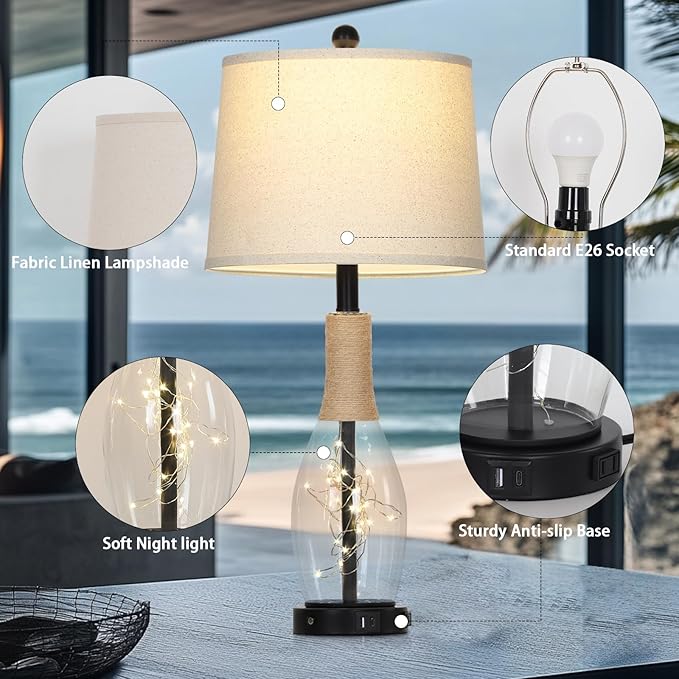 28" Tall Coastal Table Lamps Set of 2, Glass Black Modern Table Lamps with 3-Way Dimmable Touch Control Fairy Lights & Type-C Charging, Beach Nautical Bedside Lamps for Living Room Bedrooms End Table - Bloomnest