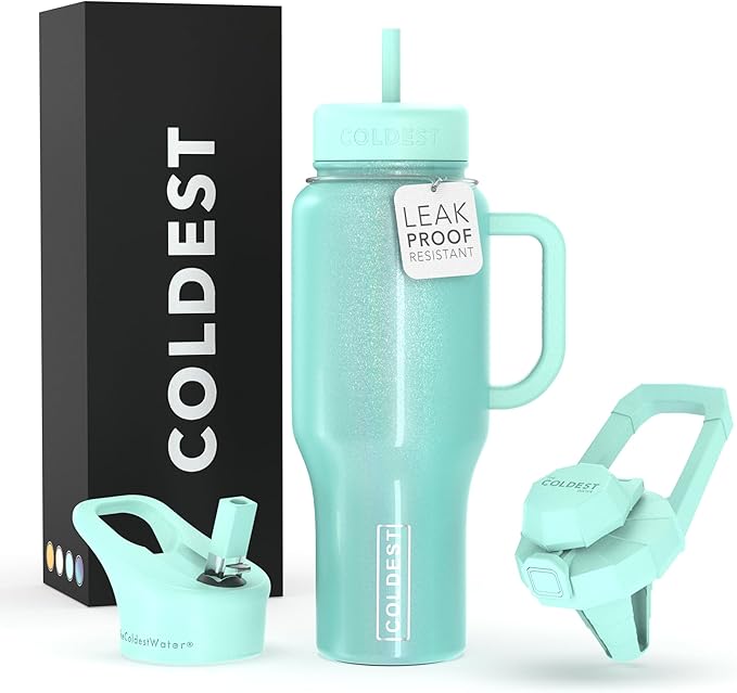 Coldest Tumbler with Handle and Straw, 100% Spill Proof Tumbler with Straw (3 Lids), Stainless Steel Insulated Leakproof Tumblers for Women & Men, 36 oz (Astronaut Green Glitter) - Bloomnest