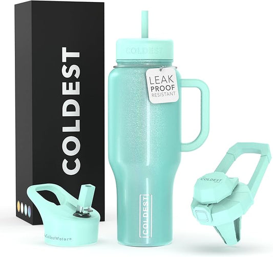 Coldest Tumbler with Handle and Straw, 100% Spill Proof Tumbler with Straw (3 Lids), Stainless Steel Insulated Leakproof Tumblers for Women & Men, 36 oz (Astronaut Green Glitter) - Bloomnest