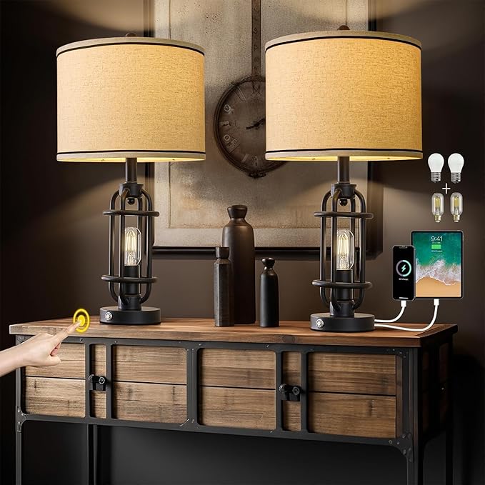 23.75'' Industrial Black Metal Table Lamps Living Room Lamp for Nightstand Bedroom lamps Set of 2 Bedside End Side Table Lamps Home Decor Touch Lamp Modern Lamps With USB Port, Bulbs Included - Bloomnest