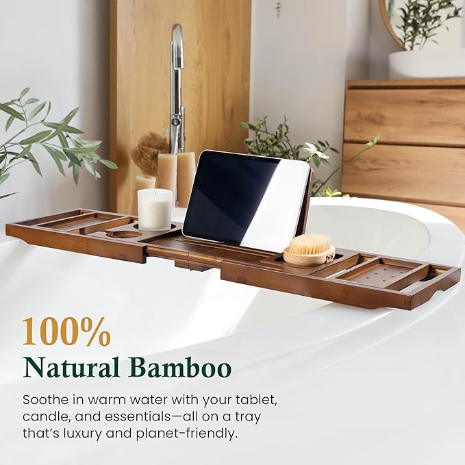 Bamboo Bathtub Tray, Bath Caddy with Wine Glass Holder, Phone Dock & Book Stand | Hands-Free Reading & Ultimate Spa Relaxation Experience-Brown - Bloomnest
