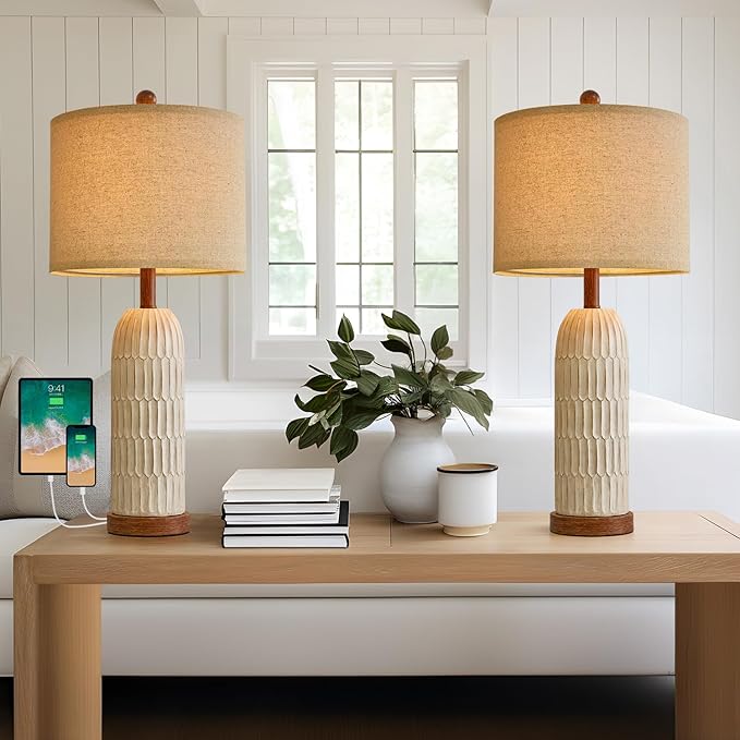 OYEARS 26.5" Table Lamps Set of 2 with USB A+C Charging Ports for Bedroom Living Room Farmhouse Bedside End Lamps Rustic Nightstand Lamps, Brown - Bloomnest