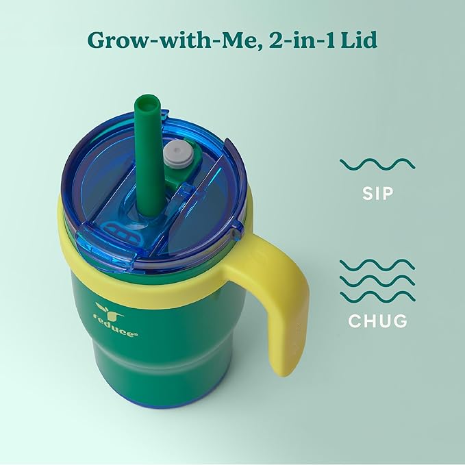 REDUCE 14 Oz Coldee Kids Tumbler with Lid and Straw - Coldee Insulated Travel Mug - Spill-Proof, Sweatproof Stainless Steel, BPA-Free - Includes Handle, Reusable Silicone Straw - Camp Green - Bloomnest