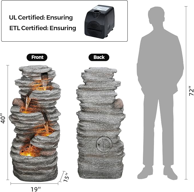 40" Outdoor Water Fountain with LED Lights - 5-Tier Cascading Rock Waterfall Fountain, Natural Rock Look, Ideal for Garden, Landscaping, Patio, Balconies and Yard Decor - Bloomnest