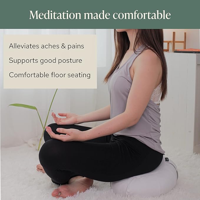Mindful & Modern Large Meditation Cushion | Zafu Yoga Bolster Meditation Floor Pillow Seat | Buckwheat Hull Filled Crescent Shaped Cushion with Removable Washable Cover + Carry Handle - Bloomnest