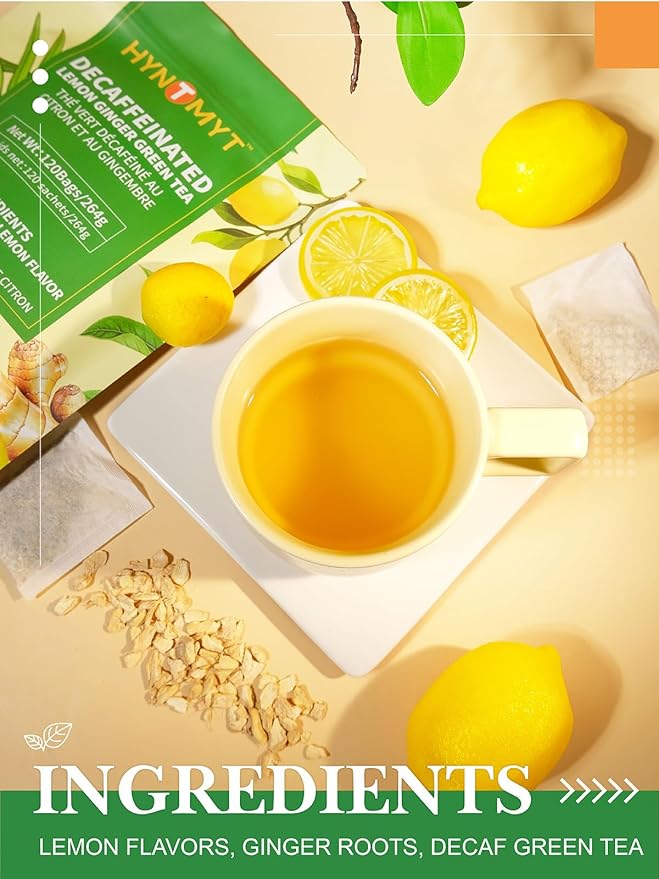 HYNTMYT Decaffeinated Lemon Ginger Green Tea Bags, CO₂ Decaf Green Tea with Lemon and Ginger, Refreshing and Revitalizing, 120 Count - Bloomnest