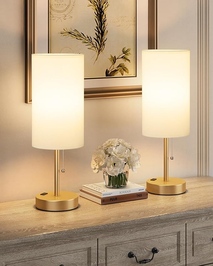 Fenmzee Plus Gold Bedside Lamps Set of 2-3 Color Temperatures Pull Chain Lamp with AC Outlet Charging Port, Round Night Stand Lamps for Bedroom, Bed Side Light with E26 LED Bulbs - Bloomnest