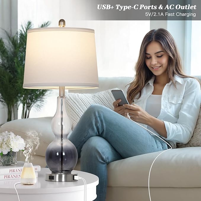 27.5" Gradual Gray Clear Glass Table Lamp Set of 2,3-Way Dimmable Touch Control Bedside Lamps with USB Ports and AC Outlet, Modern Nightstand Lamps for Bedroom Living Room - Bloomnest