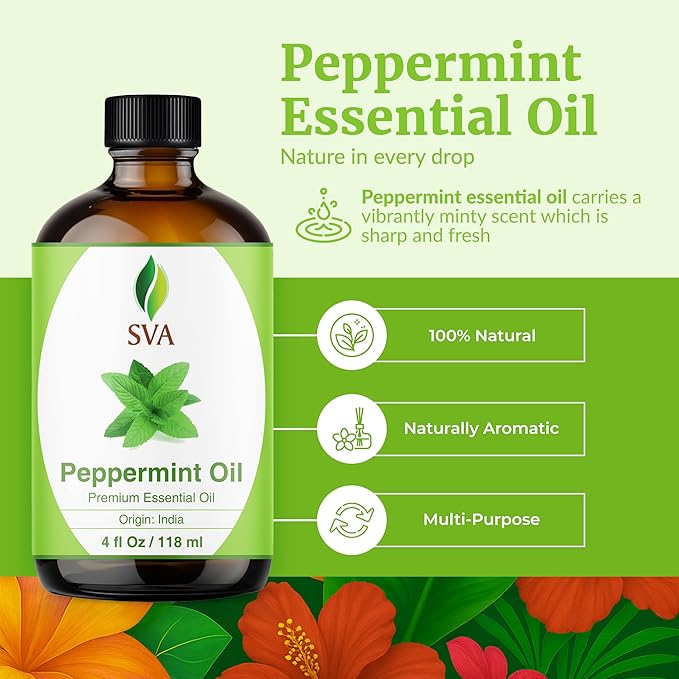 SVA Peppermint Essential Oil – 4 Fl Oz – 100% Natural Peppermint Oil - for Diffuser, Hair Care, Face, Skin Care, Aromatherapy, Scalp and Body Massage, Soap and Candle Making - with Dropper - Bloomnest