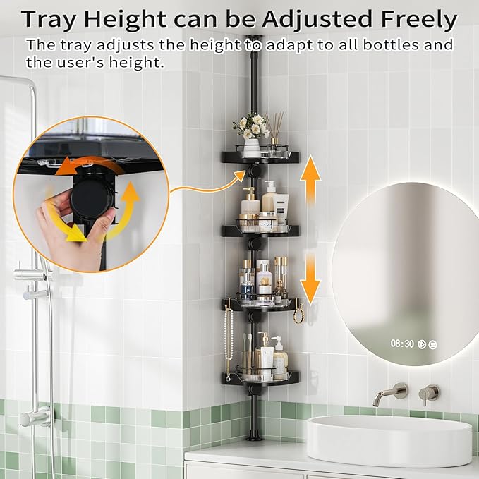 360° Rotating Corner Shower Caddy Tension Pole Organizer - 4-Tier Adjustable Rustproof Metal Pole, Plastic Shelves with Safety Guardrail, Bathroom Storage for Shower & Bathtub(Black) - Bloomnest