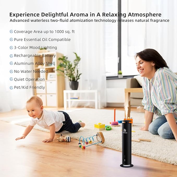 Waterless Scent Diffuser Starter Kit, Diffusers for Home Office Hotel 1000 Sq Ft Coverage, Cordless Essential Oil Diffuser Large Room with 3 Mood Lights, 3 Scent Oils, App Control, Black - Bloomnest