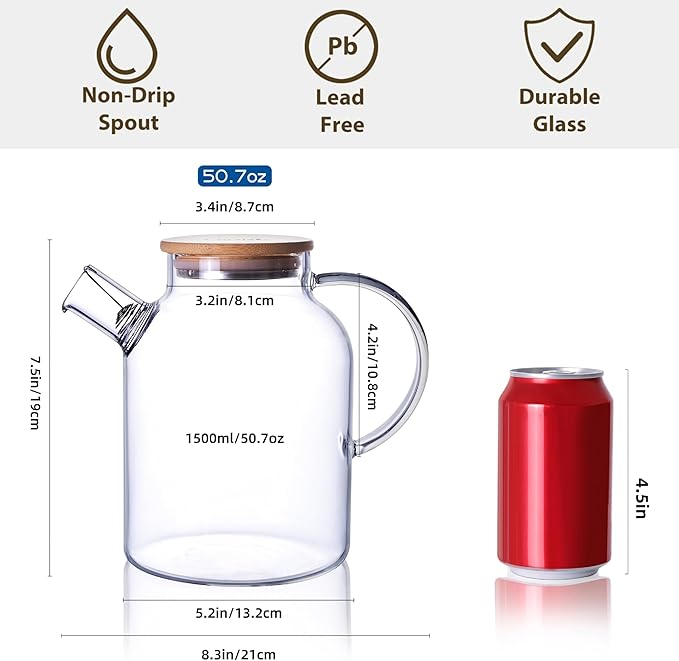 CnGlass Glass Teapot Stovetop Safe,50.7oz Clear Glass Pitcher with Removable Filter Spout for Loose Leaf and Blooming Teabag