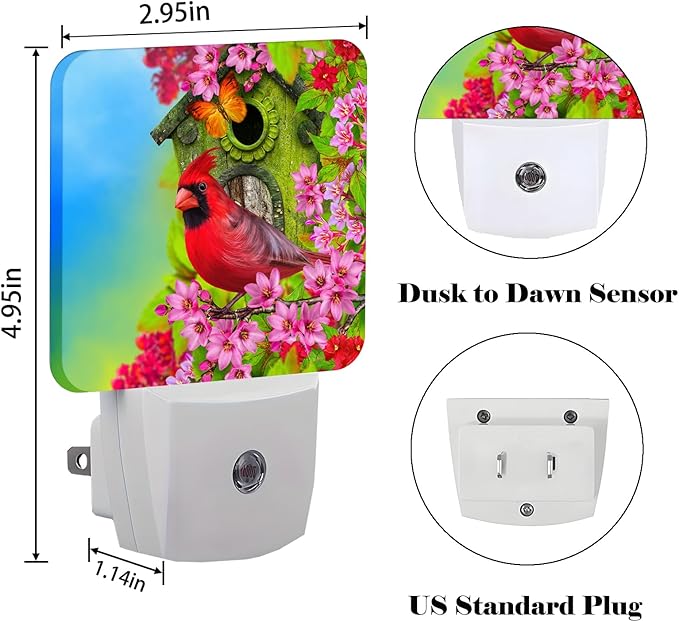Red Cardinal Night Light,Plug-in Night Lights with Dusk to Dawn Sensor for Stairway,Hallway,Bedroom Sleep Friendly Ideal for Women/Girls/Boys Gift,0.5w - Bloomnest