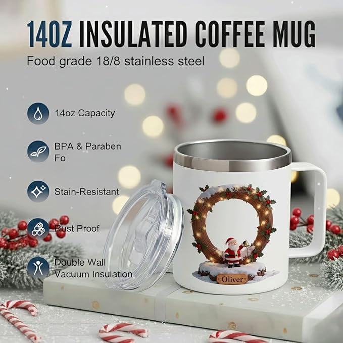 Personalized Christmas Mug | Custom Rustic Log Santa Initial Insulated Coffee Cup with Handle & Lid | 12oz Holiday Tumbler, Unique Winter Scene Gift (B38) - Bloomnest