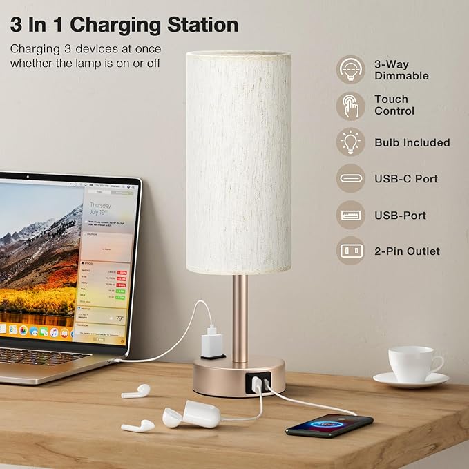 Fenmzee Bedside Table Lamp for Bedroom - 3 Way Dimmable Touch Lamp USB C Charging Ports and AC Outlet, Small Lamp Gold Base Round Flaxen Fabric Shade for Living Room, Desk, LED Bulb Included - Bloomnest