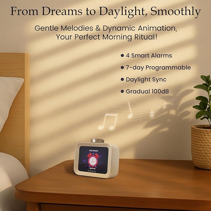 Dekala AuraDot White Noise Sound Machine for Sleep Temperature Humidity Monitor, 30 Non-Loop Soothing Sounds, Timer/Play All Night, Animationed Sleep Screen, 7-Day Programmable 4 Alarm Clock - Bloomnest