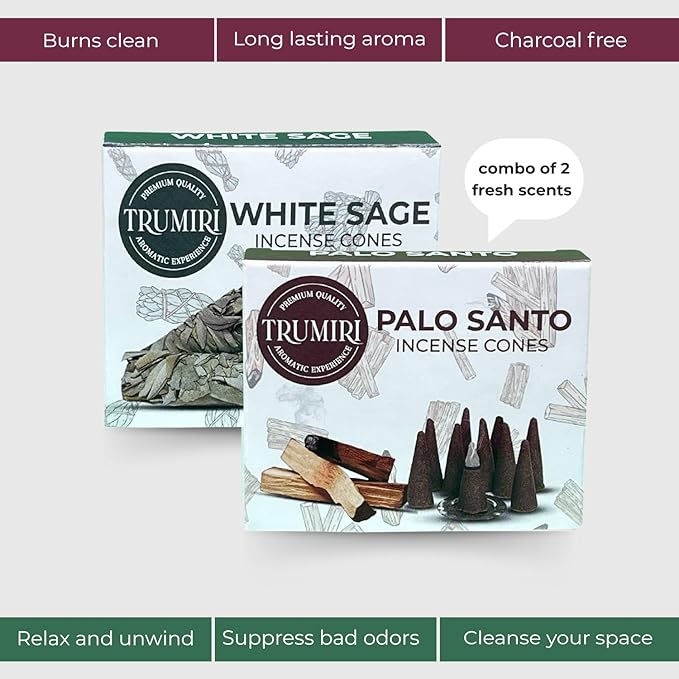 TRUMIRI Incense Cones - Combo Pack of 20 Cone Incense - 10 Palo Santo + 10 White Sage - Insence Cones - Incense Cones Scented - Cone Incense Scents - Insense Cones - Incent Cone TRUMIRI
