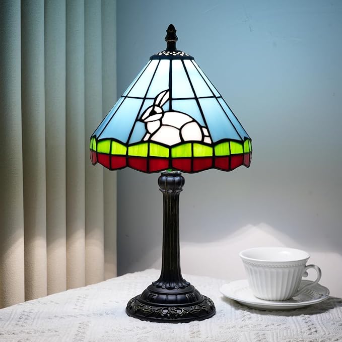 Tiffany lamp 8 inch small stained glass lamp fairy tale white rabbit bedside lamp suitable for bedroom dormitory dining room living room Tiffany style retro home decoration handmade children's gift - Bloomnest