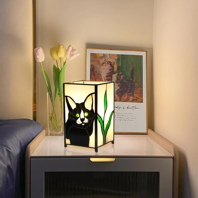 Tiffany Lamp Stained Glass lamp Small Bedside Table Lamps for Living Room Home Decor,Girls Women Birthday Halloween Christmas Thanksgiving Day Gift,Black Cat - Bloomnest