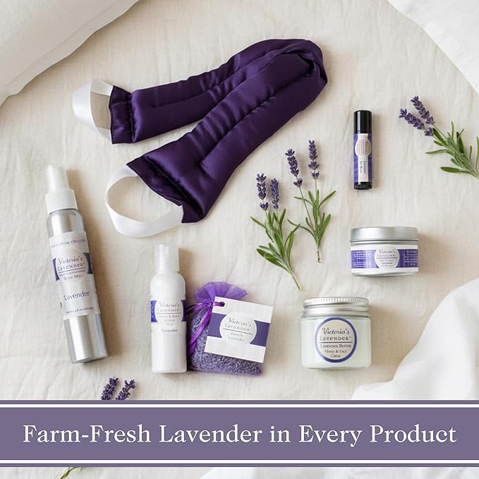 Victoria's Lavender Luxury Spa Gift Sets for Women - Neck Wrap, Body Mist, Body Lotion, Lip Balm, Soy Candle, Lavender Face Cream & Sachet, Made in USA Self Care Kit, Best Spa Kit for Women Gift Set