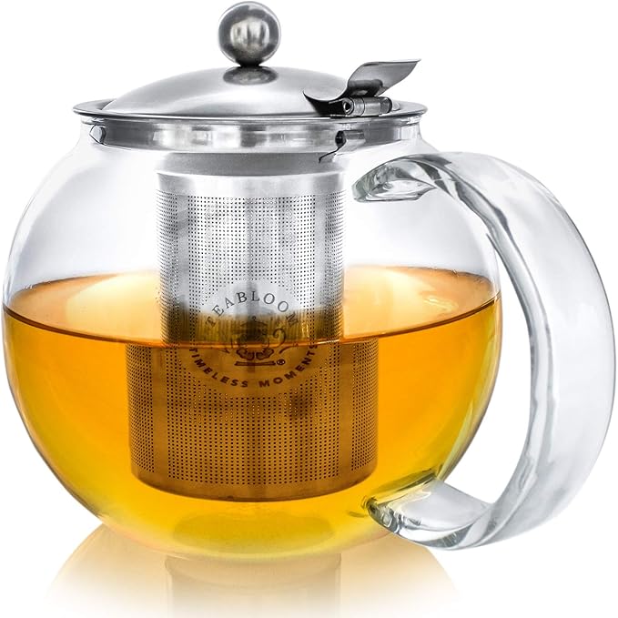 Teabloom Stovetop Safe Glass Teapot with Removable Infuser (40oz/1200ml) and Four Double Walled Glass Cups (5oz/150ml) - Classica Tea Set - Bloomnest