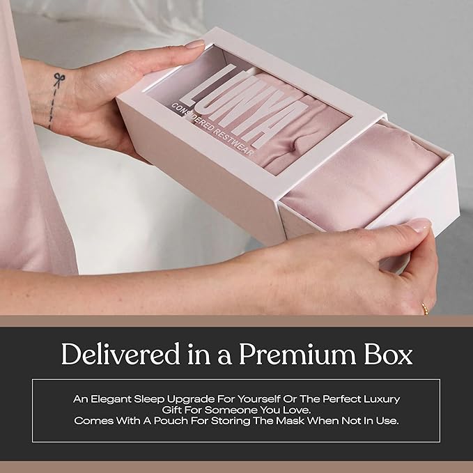 Lunya Washable Silk Sleeping Mask – Thermoregulating Mulberry Silk, Light Blocking and Comfortable Fit – Sleep Mask for Women and Men with Box – Delicate Pink – Large