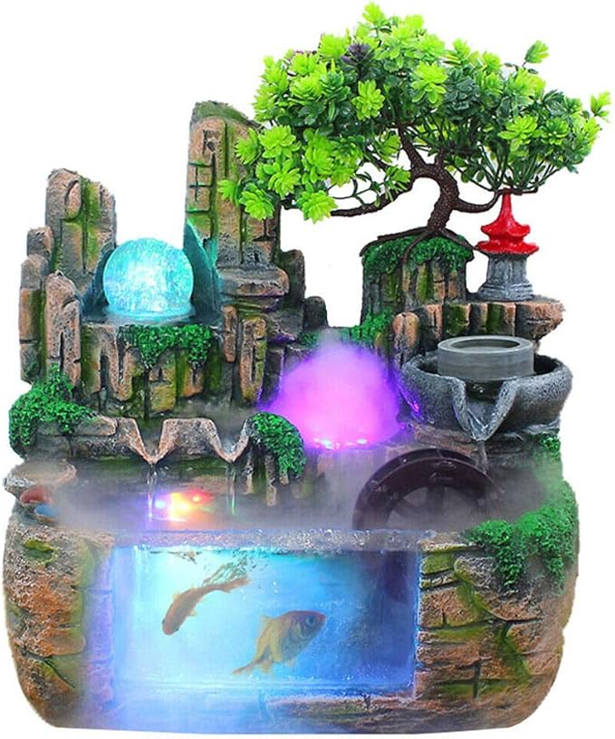 Tabletop Fountain Decorations,Tabletop Fountain Indoor Humidifier with Rockery Mountain Waterfalls,Goldfish,Light,Resin Rockery Crafts Gift Fountain for Home Office Bedroom Desk Ornaments