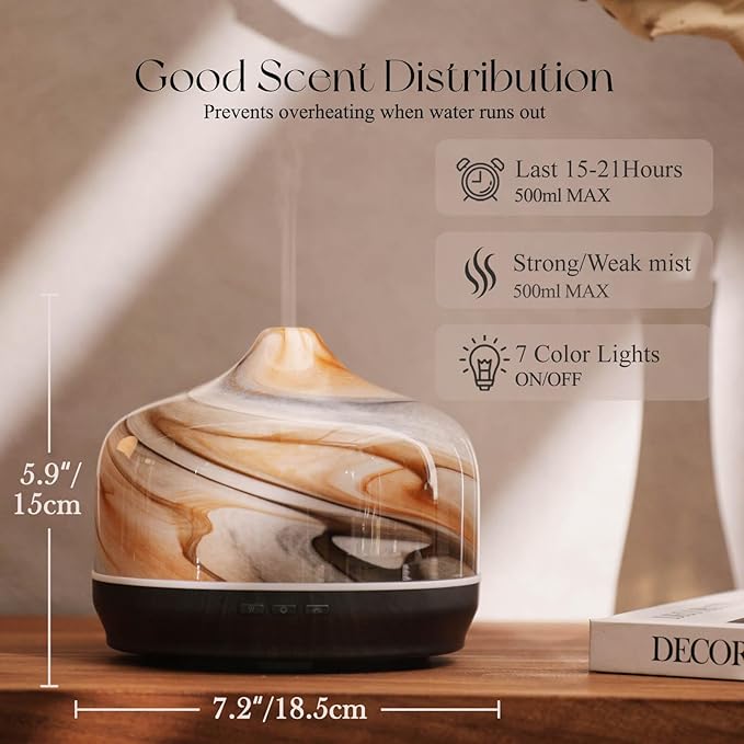 Porseme 500ml Glass Essential Oil Diffuser Aromatherapy Ultrasonic Cool Mist Humidifier 15-21 Running Hours Waterless Auto-Off Air Diffusers for Sleeping Yoga Office Working Spa and Rest (Jupiter) - Bloomnest