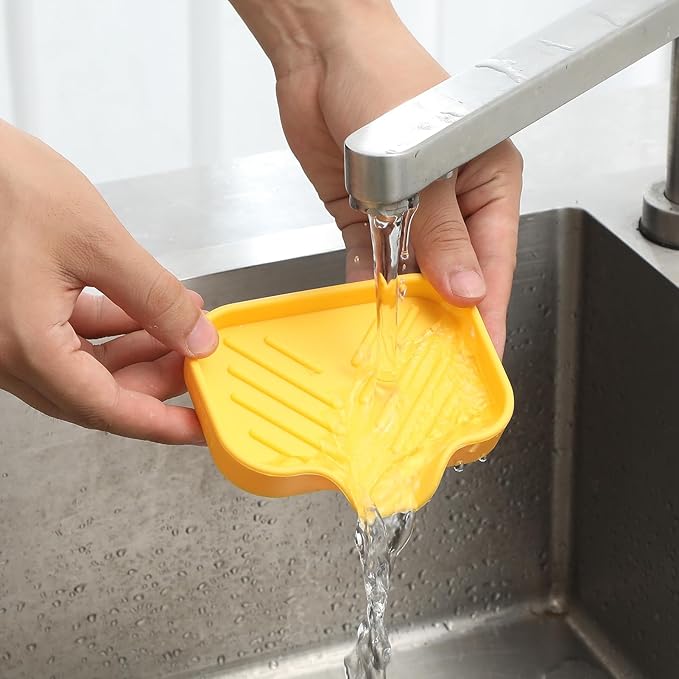 Silicone Bathroom Soap Dishes with Drain Spout-Bathroom and Kitchen Sink Organizer,Sponge Holder,Dish Soap Tray,Perfect for Dispenser,Scrubber,Bottle,Cup on Sink or Counter-Yellow 4.9"×3.2" - Bloomnest