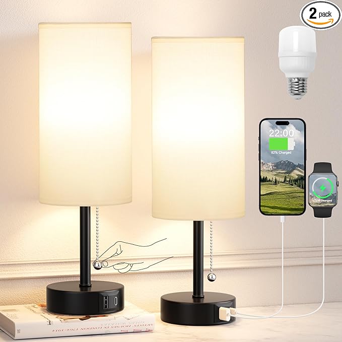 White Bedside Lamps for Bedroom Set of 2 - Nightstand Table Lamp with USB A + C Charging Port, 3 Color Temperatures Pull Chain Night Stand Light, Side Table Desk Reading Lamp for Living Room/Dorm - Bloomnest