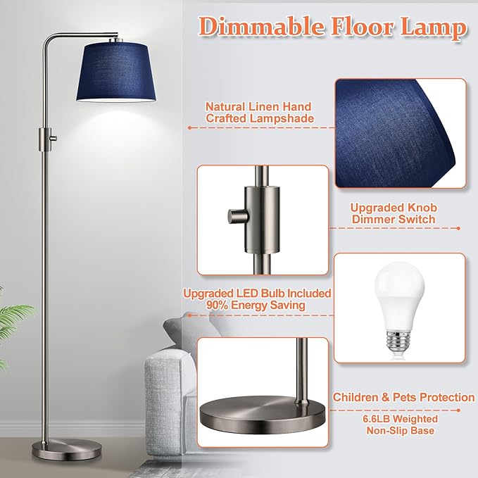 Nintiue Dimmable Floor Lamp, 1000 Lumens LED Edison Bulb Included, Brushed Nickel Arc Standing Tall Floor Lamp with Blue Shade for Living Room Bedroom Office Dining Room - Bloomnest