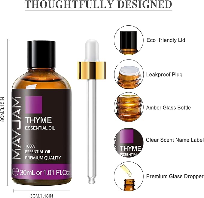 MAYJAM Thyme Essential Oil 30ML, Pure Essential Oils for Massage, Diffusers, Thyme Oil for Soap Candle Making (1.01FL.OZ Bottle) - Bloomnest